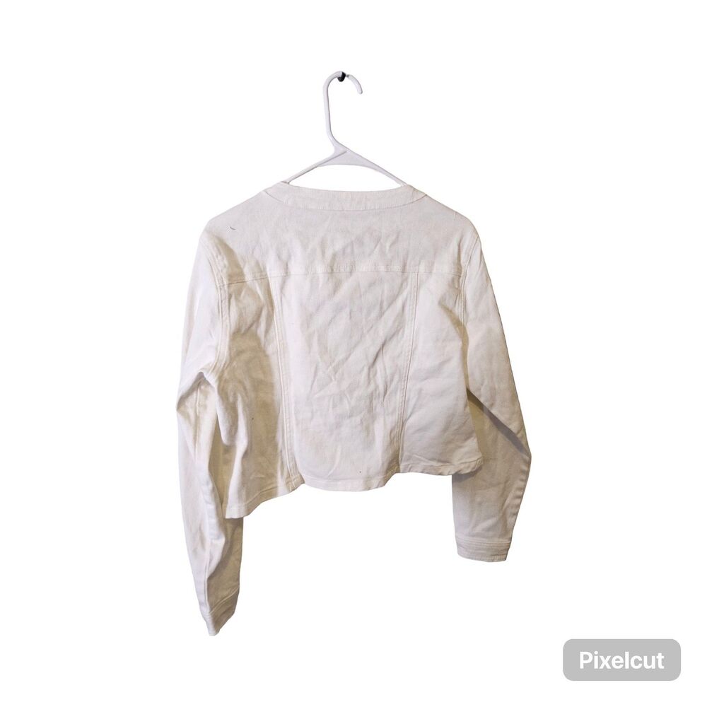 Allegra K Size Lg Denim Collarless long sleeve button down white cropped jacket - Picture 4 of 7